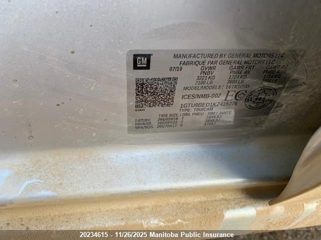 2019 GMC Sierra 1500 Sle Crew Cab VIN: 1GTU9BED1KZ415776 Lot: 20234615