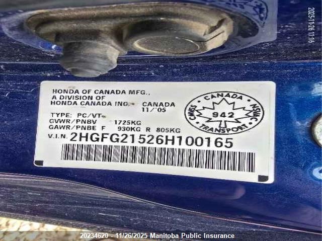 2006 Honda Civic Si VIN: 2HGFG21526H100165 Lot: 20234620