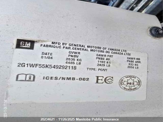 2004 Chevrolet Impala VIN: 2G1WF55K549292118 Lot: 20234621