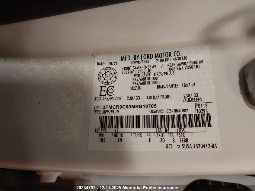 2021 Ford Bronco Sport Outer Banks VIN: 3FMCR9C60MRB18705 Lot: 20234707