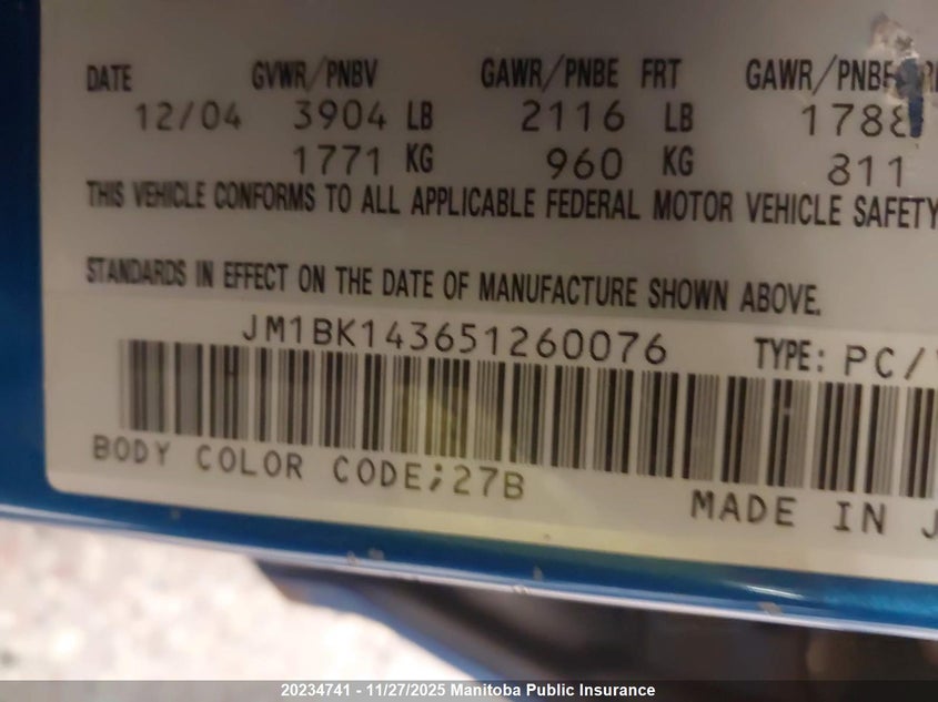 2005 Mazda Mazda3 Sport Gt VIN: JM1BK143651260076 Lot: 20234741