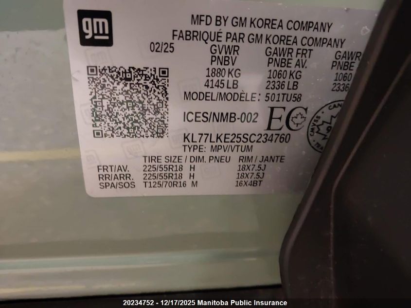 2025 Chevrolet Trax Rs VIN: KL77LKE25SC234760 Lot: 20234752