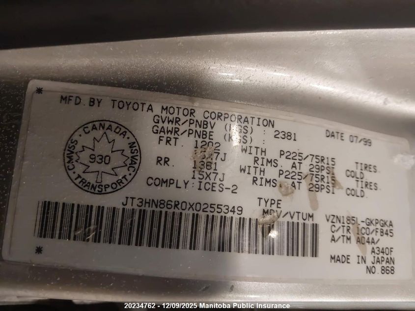 1999 Toyota 4Runner Sr5 V6 VIN: JT3HN86R0X0255349 Lot: 20234762