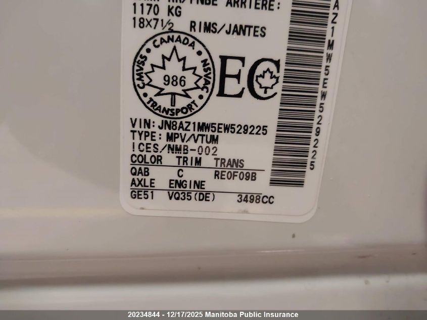 2014 Nissan Murano Sl VIN: JN8AZ1MW5EW529225 Lot: 20234844