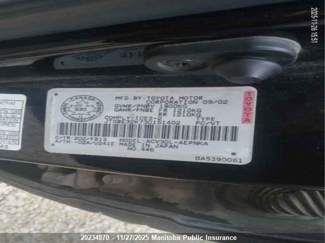 2003 Toyota Camry Le VIN: JTDBE32K730151402 Lot: 20234870