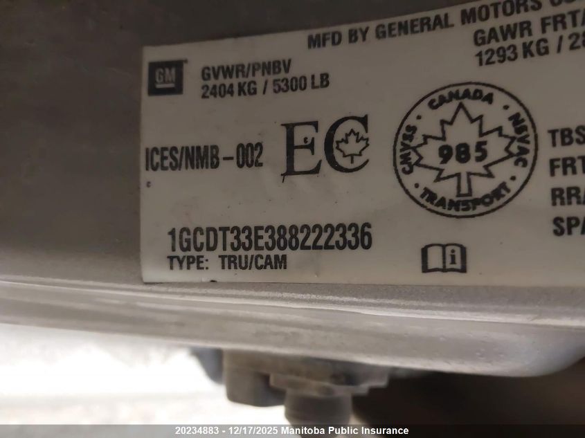 2008 Chevrolet Colorado Lt Crew Cab VIN: 1GCDT33E388222336 Lot: 20234883
