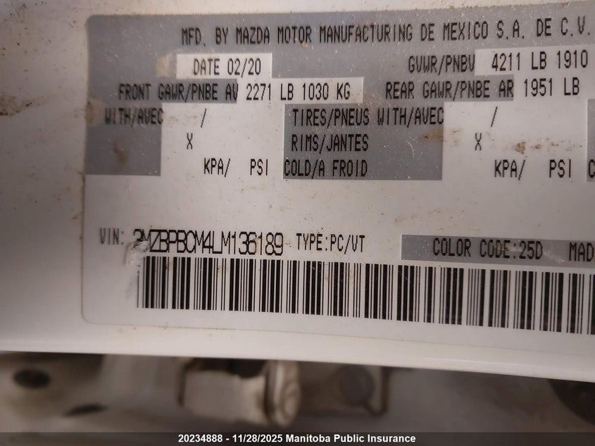 2020 Mazda Mazda3 Gs I-Activ VIN: 3MZBPBCM4LM136189 Lot: 20234888