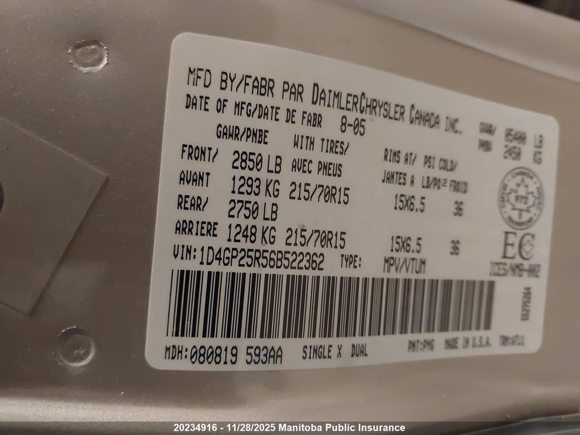 2006 Dodge Caravan VIN: 1D4GP25R56B522362 Lot: 20234916