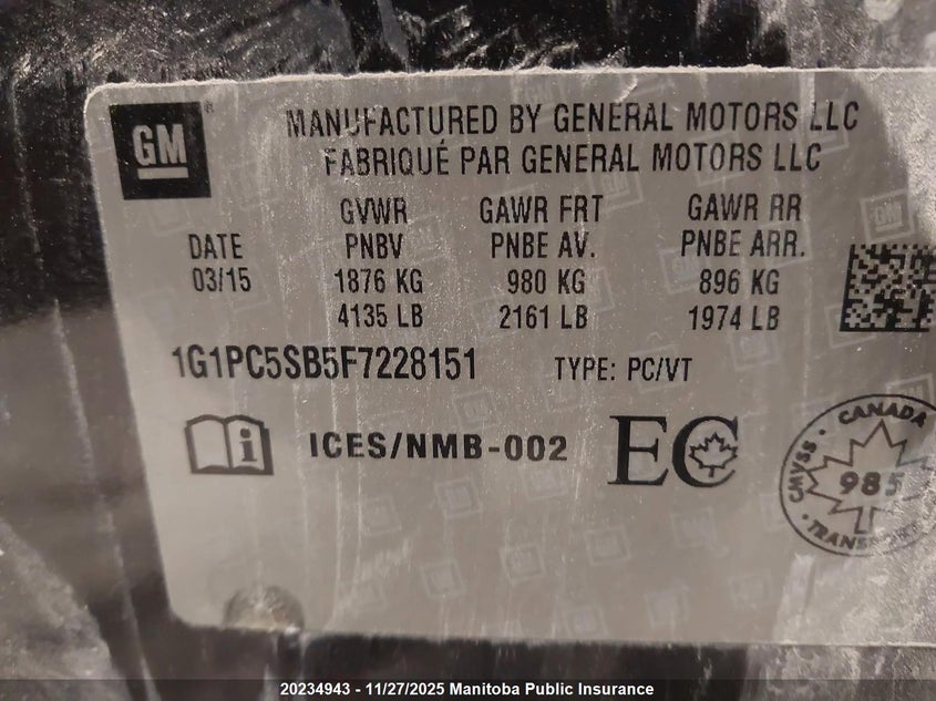 2015 Chevrolet Cruze Lt Turbo VIN: 1G1PC5SB5F7228151 Lot: 20234943