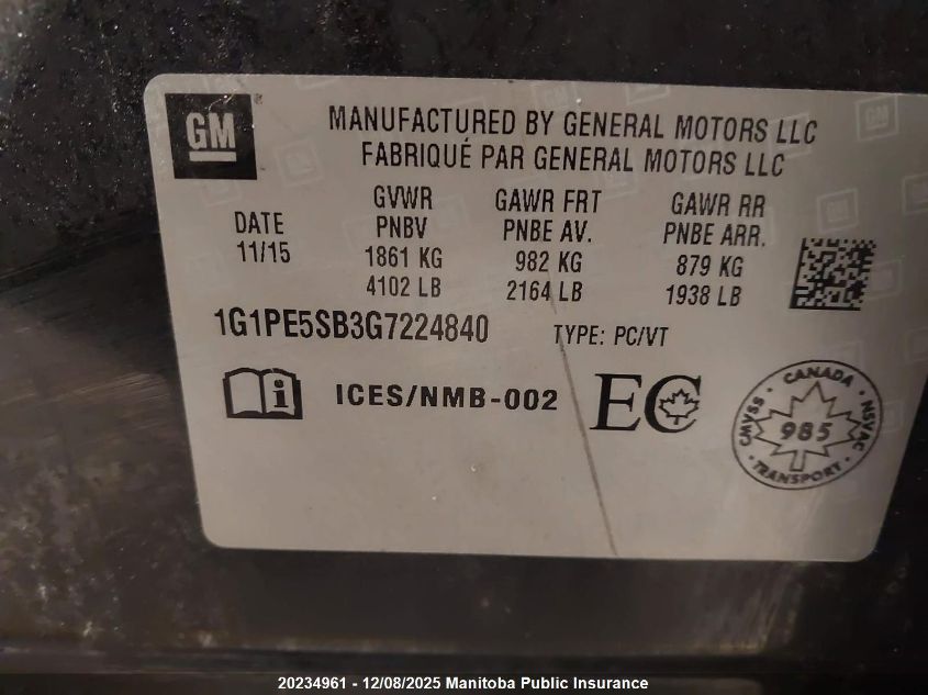 2016 Chevrolet Cruze Lt Turbo VIN: 1G1PE5SB3G7224840 Lot: 20234961