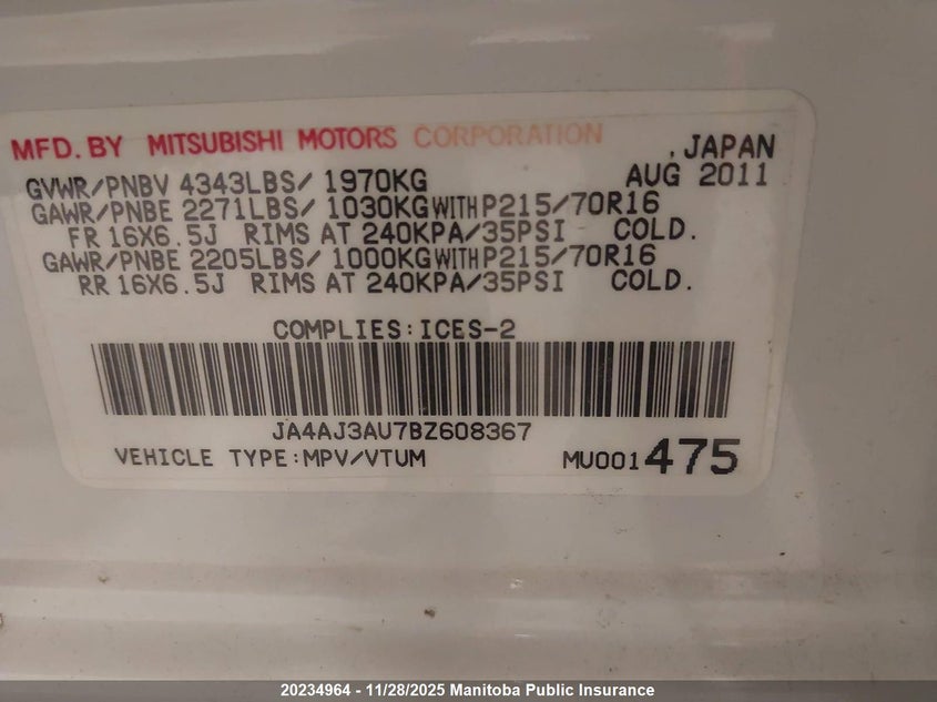 2011 Mitsubishi Rvr Se VIN: JA4AJ3AU7BZ608367 Lot: 20234964