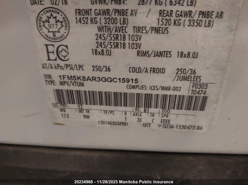 2016 Ford Explorer Police VIN: 1FM5K8AR3GGC15915 Lot: 20234968