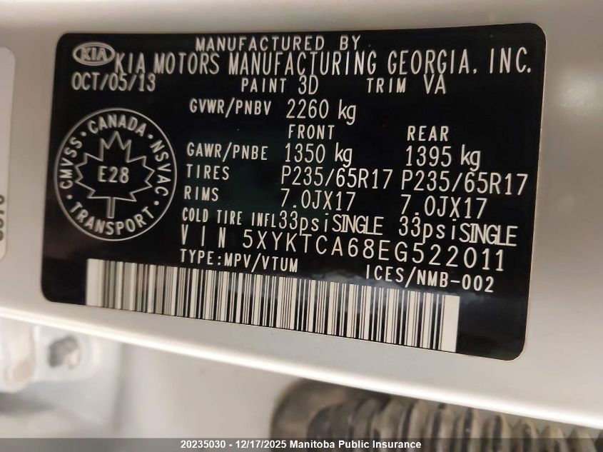 2014 Kia Sorento Lx VIN: 5XYKTCA68EG522011 Lot: 20235030