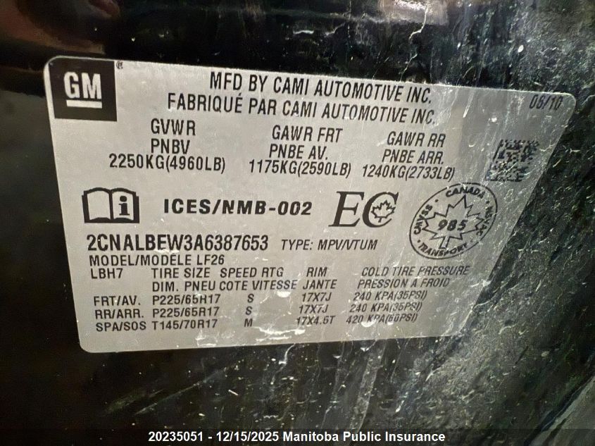 2010 Chevrolet Equinox Ls VIN: 2CNALBEW3A6387653 Lot: 20235051