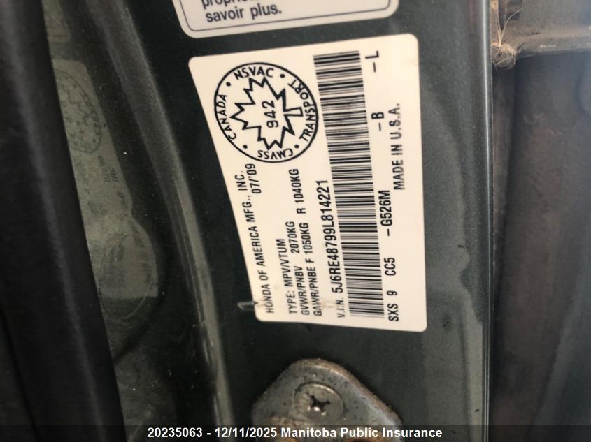 2009 Honda Cr-V Ex-L VIN: 5J6RE48799L814221 Lot: 20235063