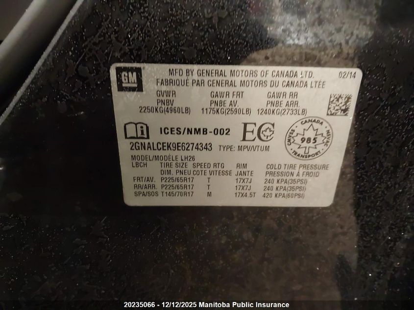 2014 Chevrolet Equinox Lt VIN: 2GNALCEK9E6274343 Lot: 20235066