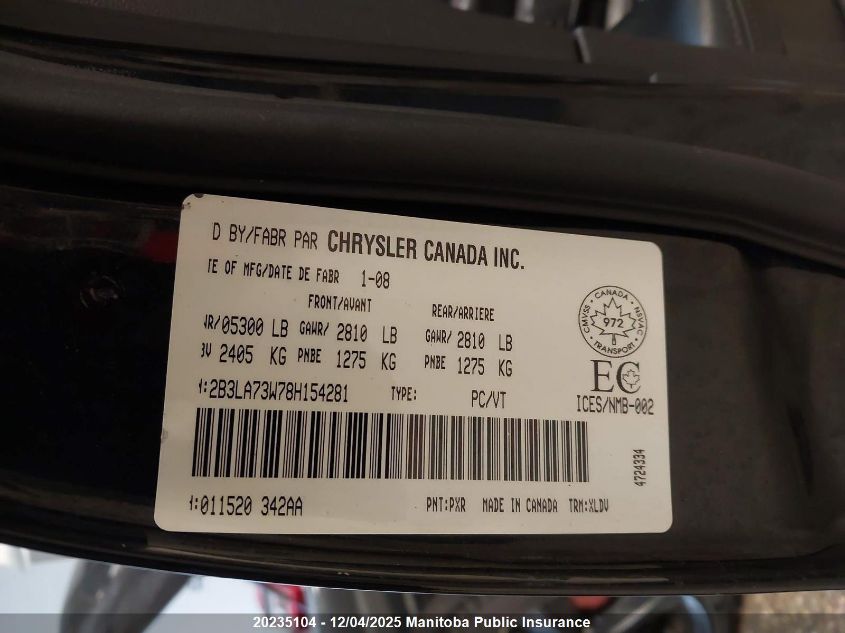 2008 Dodge Charger Srt8 VIN: 2B3LA73W78H154281 Lot: 20235104