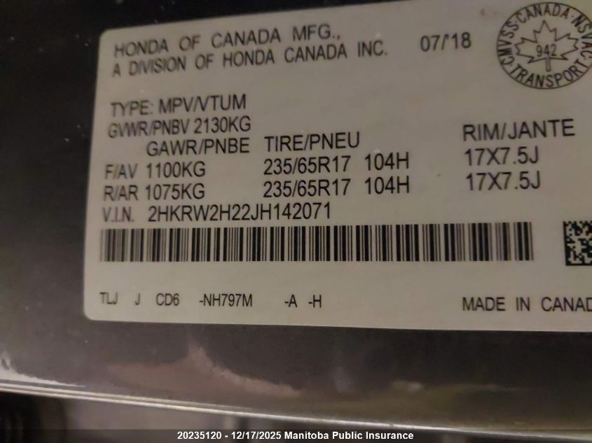 2018 Honda Cr-V Lx VIN: 2HKRW2H22JH142071 Lot: 20235120