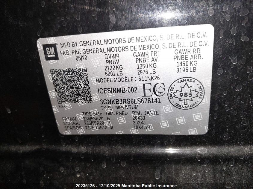 2020 Chevrolet Blazer Lt VIN: 3GNKBJRS6LS678141 Lot: 20235126