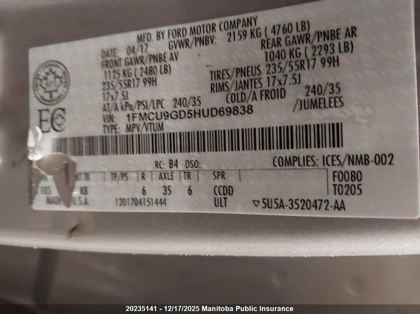 2017 Ford Escape Se VIN: 1FMCU9GD5HUD69838 Lot: 20235141