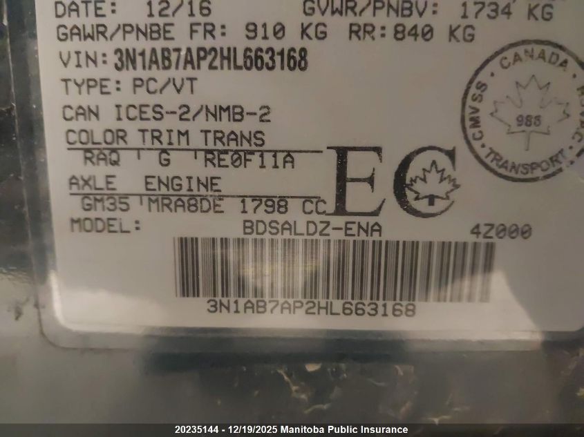 2017 Nissan Sentra 1.8 Sv VIN: 3N1AB7AP2HL663168 Lot: 20235144