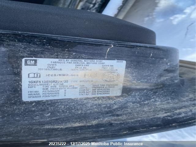 2009 GMC Yukon Slt VIN: 1GKFK13039R229730 Lot: 20235222