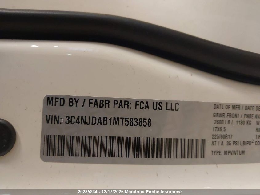 2021 Jeep Compass Latitude VIN: 3C4NJDAB1MT583858 Lot: 20235234