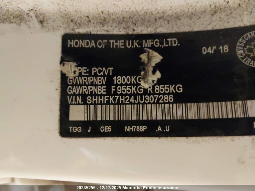 2018 Honda Civic Lx VIN: SHHFK7H24JU307286 Lot: 20235255