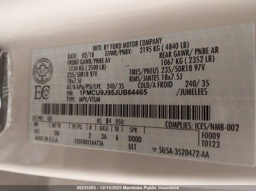 2018 Ford Escape Titanium VIN: 1FMCU9J95JUB64465 Lot: 20235283