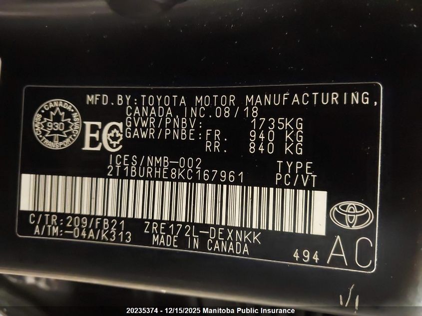 2019 Toyota Corolla Le VIN: 2T1BURHE8KC167961 Lot: 20235374