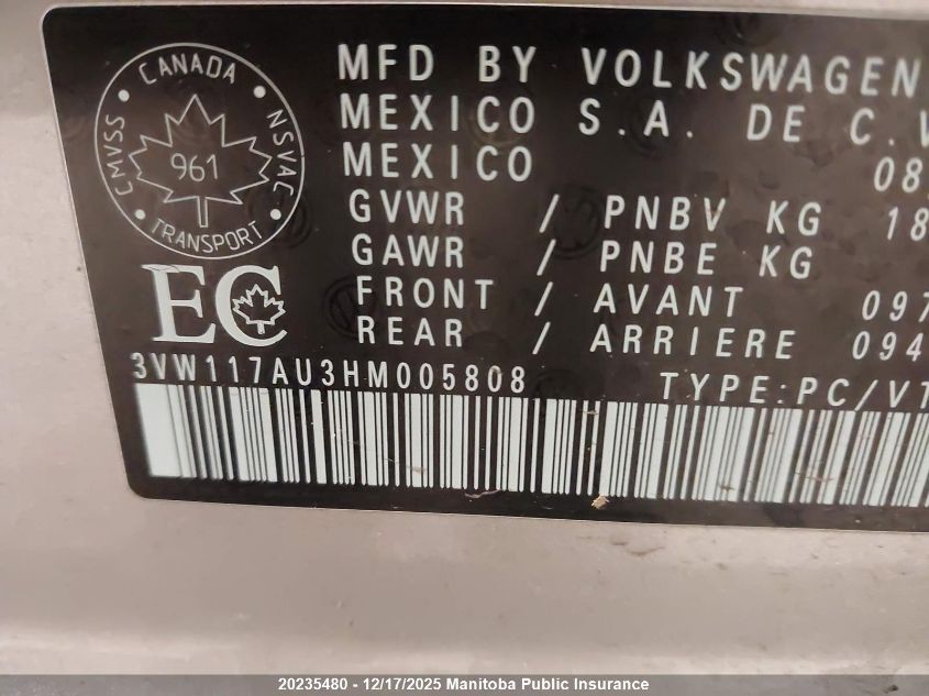 2017 Volkswagen Golf 1.8 Tsi VIN: 3VW117AU3HM005808 Lot: 20235480