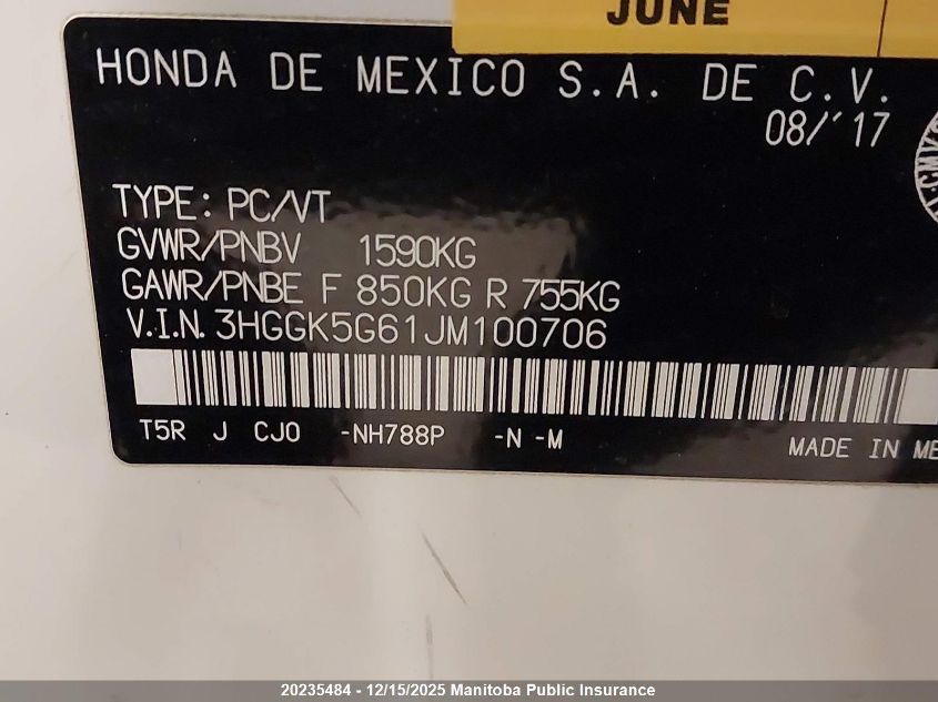 2018 Honda Fit Sport VIN: 3HGGK5G61JM100706 Lot: 20235484