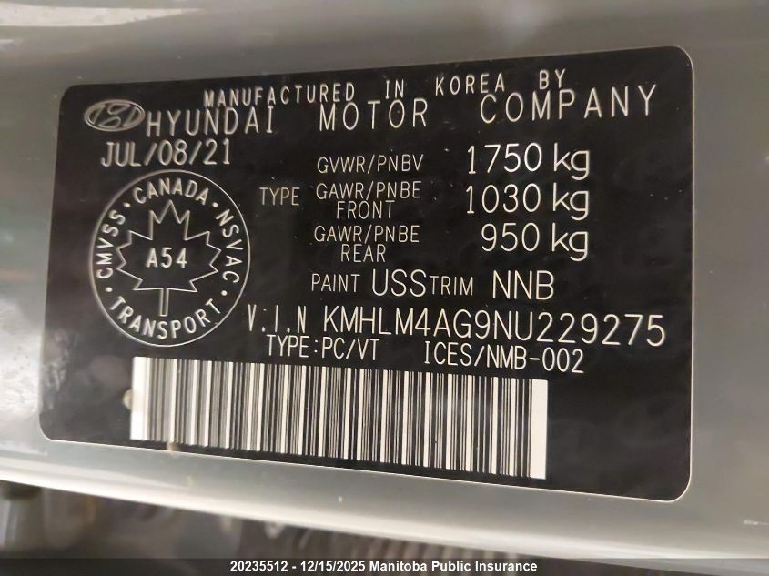 2022 Hyundai Elantra Preferred VIN: KMHLM4AG9NU229275 Lot: 20235512