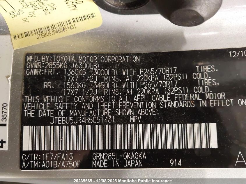 2011 Toyota 4Runner Limited V6 VIN: JTEBU5JR4B5051431 Lot: 20235565