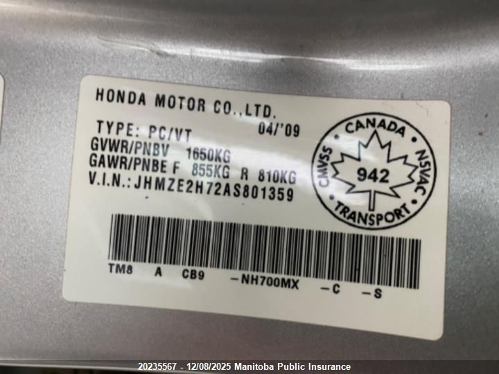 2010 Honda Insight Ex VIN: JHMZE2H72AS801359 Lot: 20235567