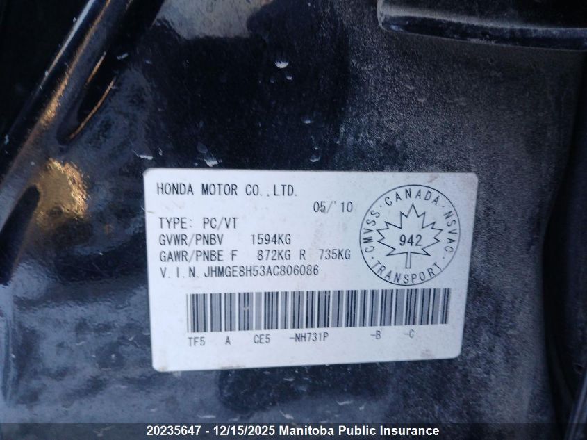 2010 Honda Fit Lx VIN: JHMGE8H53AC806086 Lot: 20235647