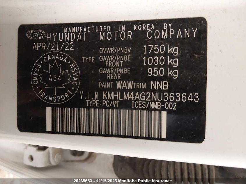 2022 Hyundai Elantra Preferred VIN: KMHLM4AG2NU363643 Lot: 20235653