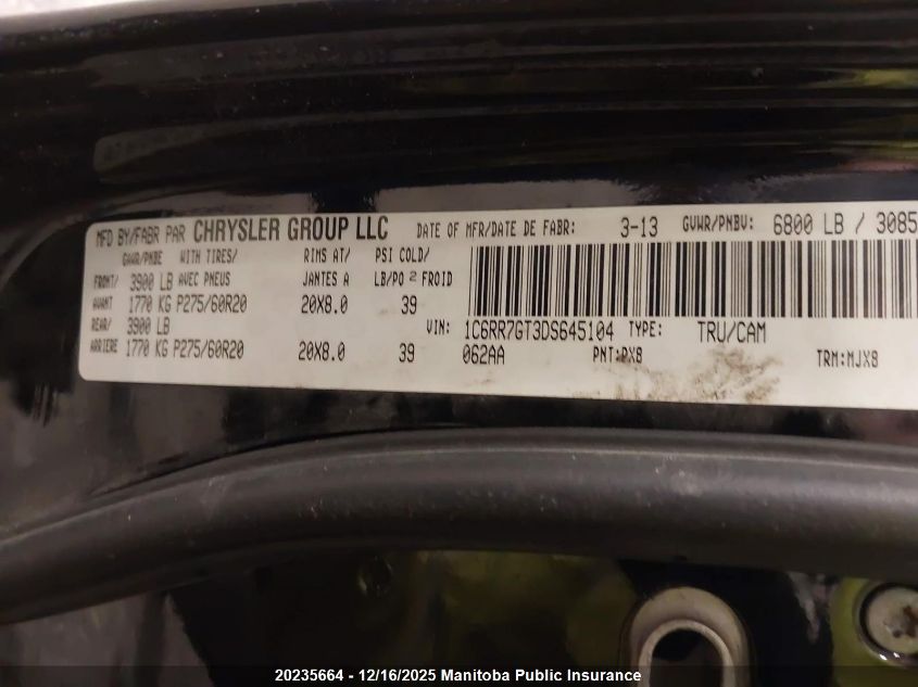 2013 Dodge Ram 1500 Slt Quad Cab VIN: 1C6RR7GT3DS645104 Lot: 20235664