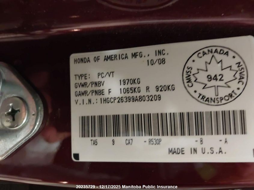 2009 Honda Accord Lx VIN: 1HGCP26399A803209 Lot: 20235729