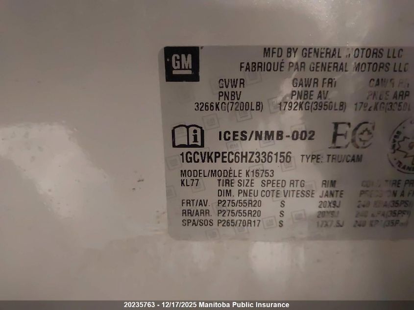2017 Chevrolet Silverado 1500 Wt Double Cab VIN: 1GCVKPEC6HZ336156 Lot: 20235763