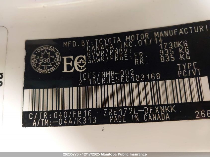 2014 Toyota Corolla Le VIN: 2T1BURHE5EC103168 Lot: 20235770