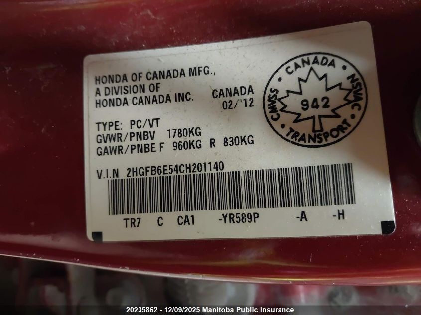 2012 Honda Civic Si Si VIN: 2HGFB6E45CH201140 Lot: 20235862