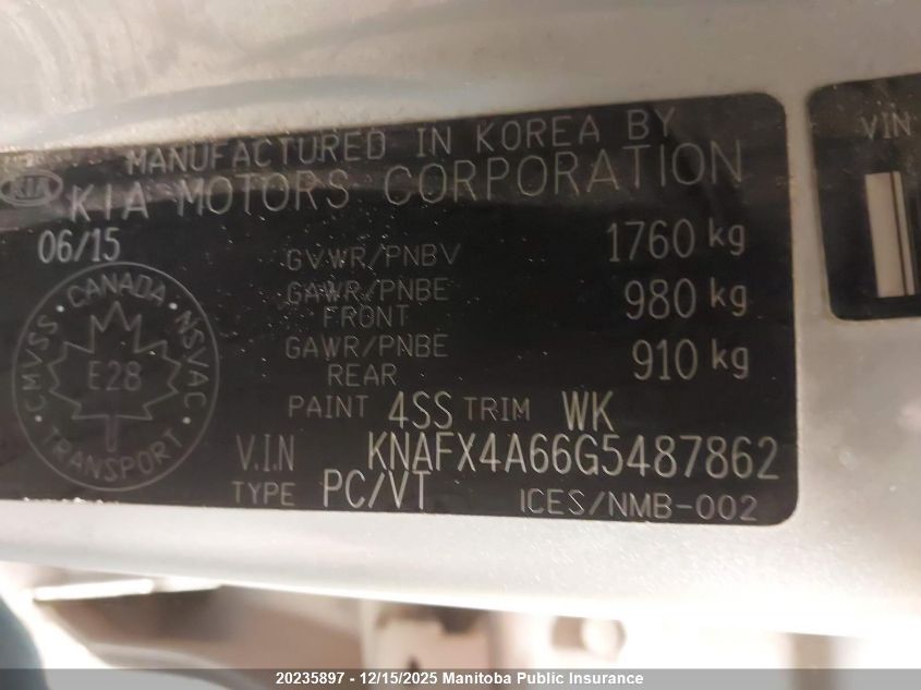 2016 Kia Forte Lx+ VIN: KNAFX4A66G5487862 Lot: 20235897