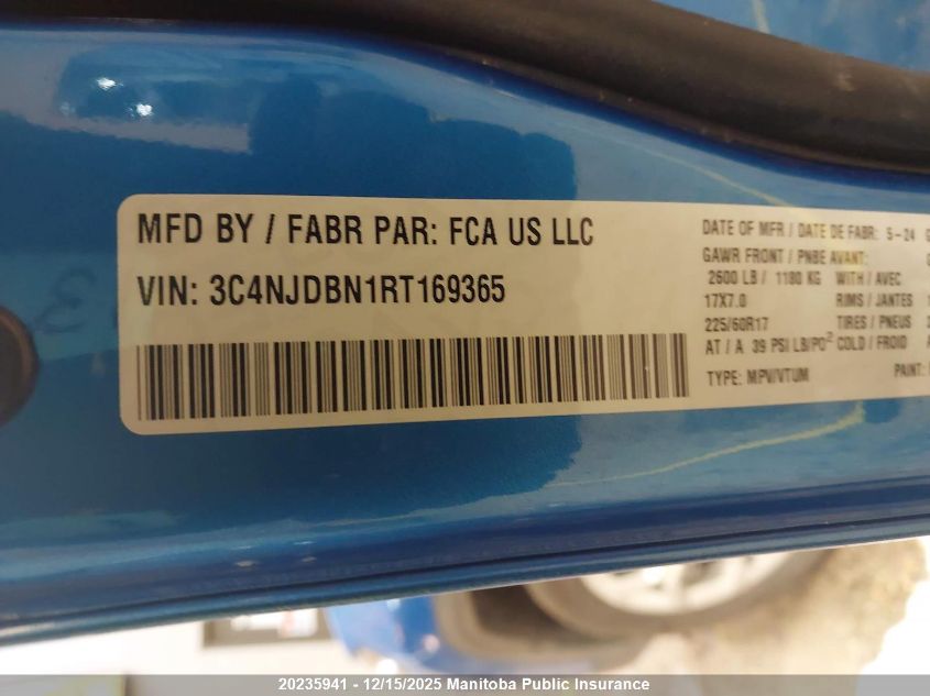2024 Jeep Compass North VIN: 3C4NJDBN1RT169365 Lot: 20235941
