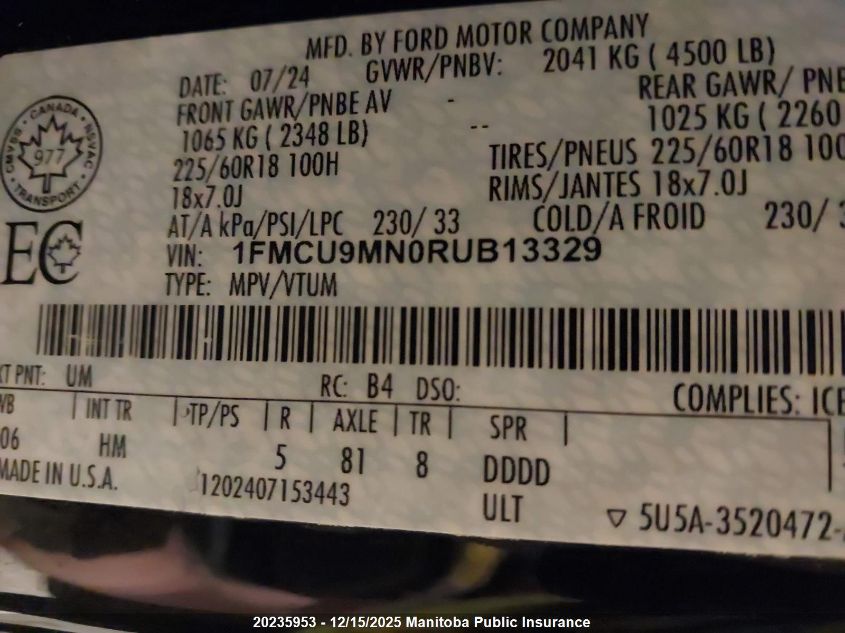 2024 Ford Escape St Line VIN: 1FMCU9MN0RUB13329 Lot: 20235953