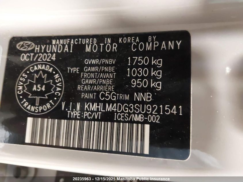2025 Hyundai Elantra Preferred VIN: KMHLM4DG3SU921541 Lot: 20235963
