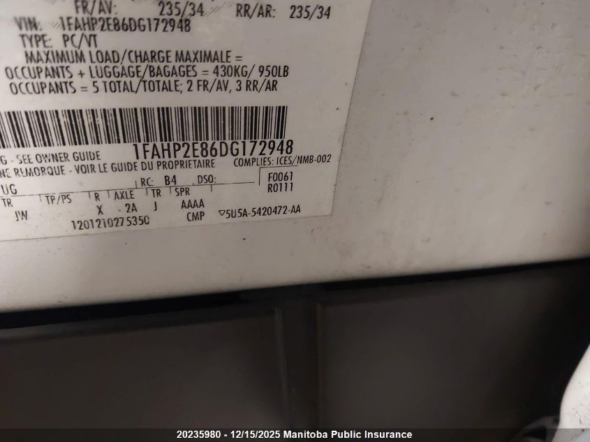 2013 Ford Taurus Sel VIN: 1FAHP2E86DG172948 Lot: 20235980