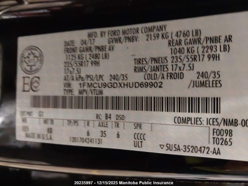 2017 Ford Escape Se VIN: 1FMCU9GDXHUD69902 Lot: 20235997