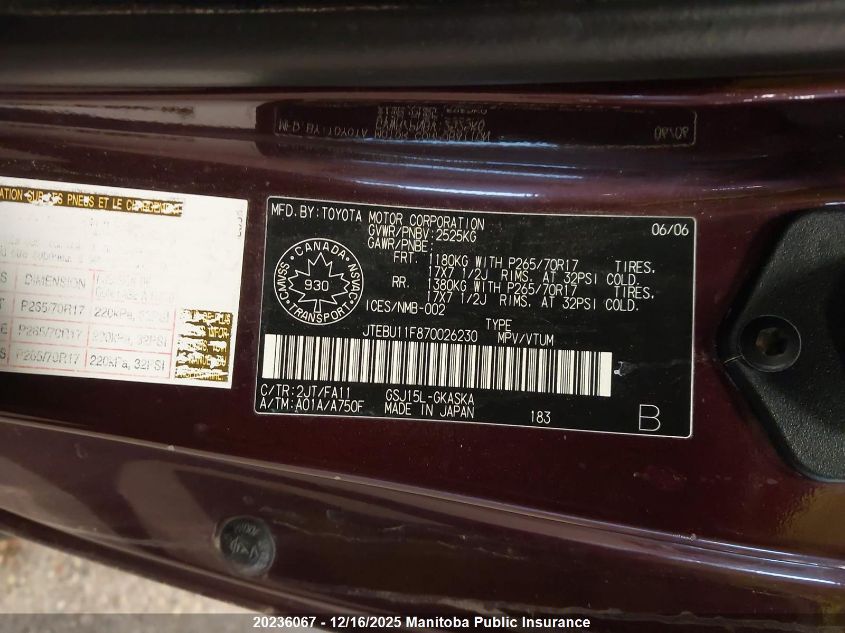 2007 Toyota Fj Cruiser VIN: JTEBU11F870026230 Lot: 20236067