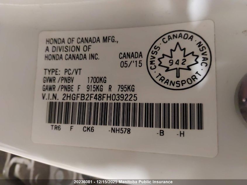 2015 Honda Civic Lx VIN: 2HGFB2F48FH039225 Lot: 20236081